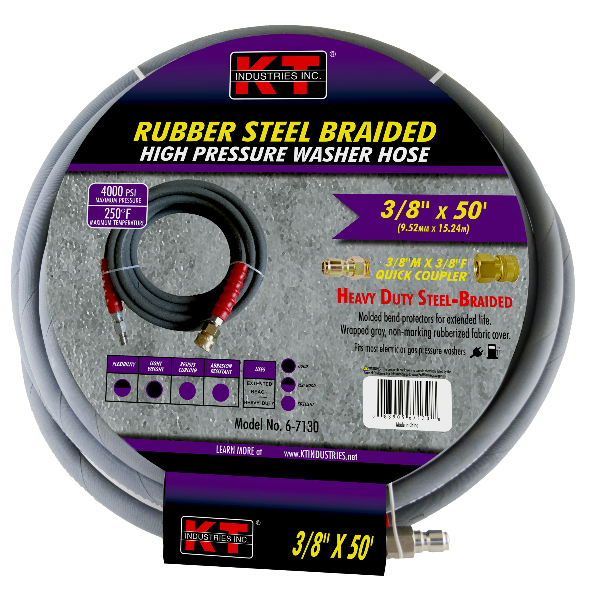 K-T Industries High Pressure Hose — 3/8in. x 50ft., 3000 PSI, Quick Coupler, Model# 6-7130